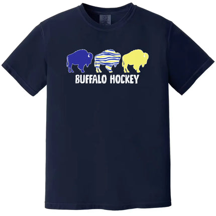Buffalo hockey t-shirt in navy, trio buffalo silhouette design in blue yellow and striped team colors with distressed Buffalo Hockey lettering.