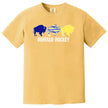 Buffalo hockey shirt in yellow, trio buffalo silhouette graphics in blue striped and yellow tones with distressed Buffalo Hockey lettering.