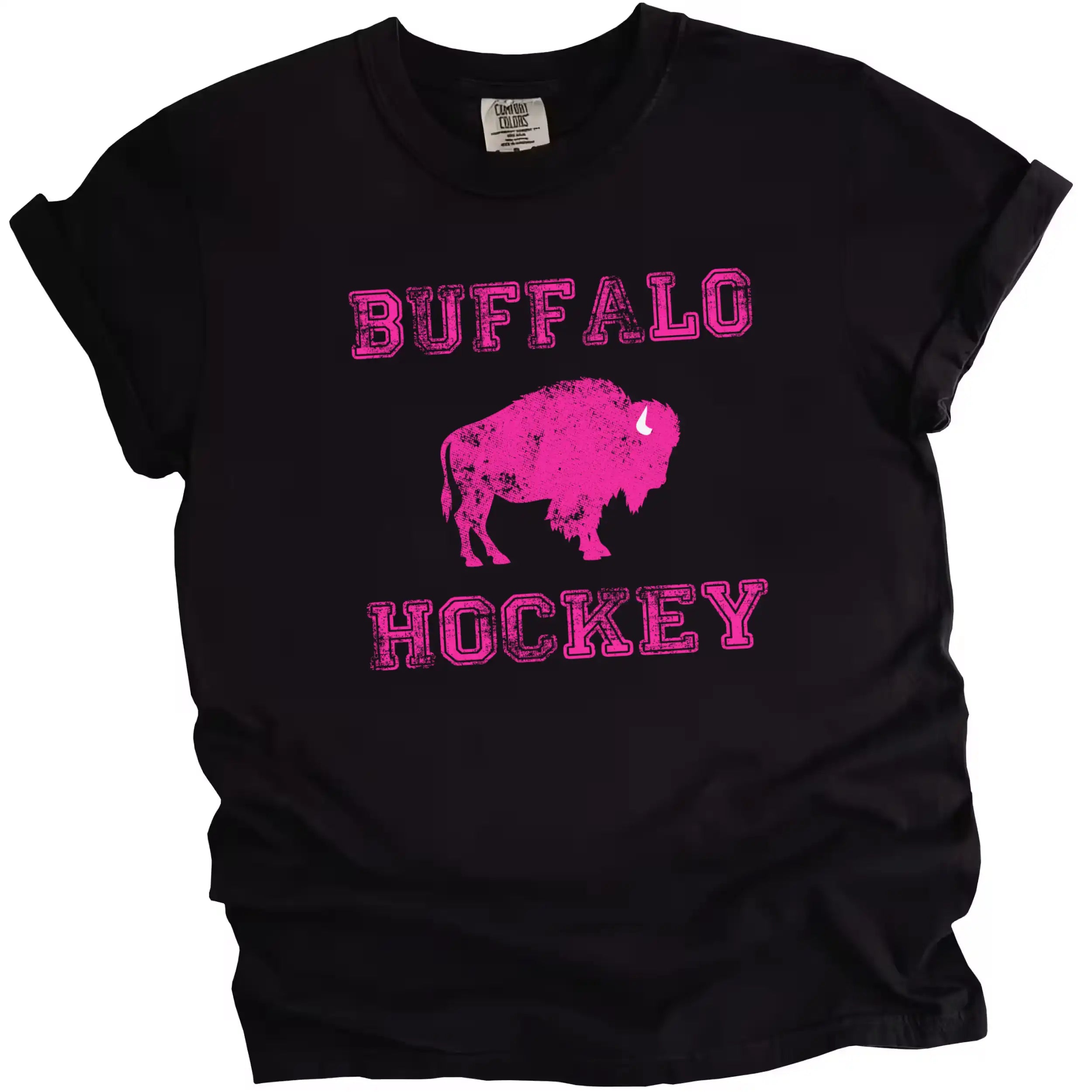 Women’s Buffalo hockey t-shirt in black, hot pink Buffalo Hockey lettering with matching buffalo silhouette graphic, cute sporty fan tee.