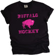 Women’s Buffalo hockey t-shirt in black, hot pink Buffalo Hockey lettering with matching buffalo silhouette graphic, cute sporty fan tee.