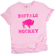 Buffalo hockey t-shirt in pink, bright hot pink text with matching buffalo silhouette graphic, cute women’s hockey fan tee.