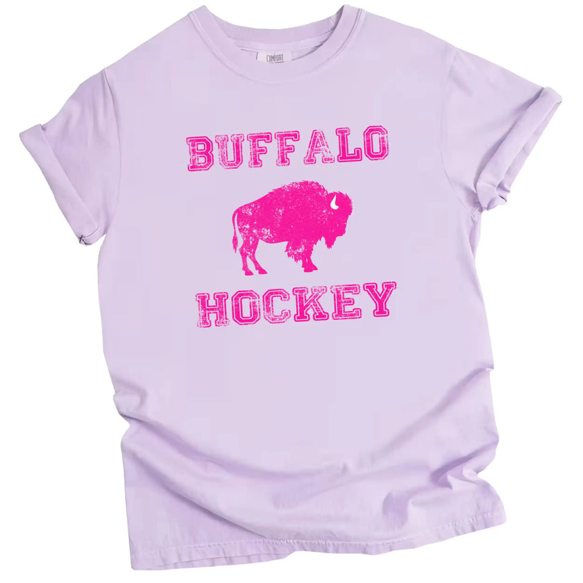 Pink Buffalo hockey graphic tee in purple, bold hot pink lettering with buffalo silhouette design, fun women’s fan shirt.