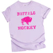 Pink Buffalo hockey graphic tee in purple, bold hot pink lettering with buffalo silhouette design, fun women’s fan shirt.