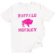 Women’s Buffalo hockey shirt in white, hot pink Buffalo Hockey lettering with buffalo silhouette design, sporty casual fan tee.