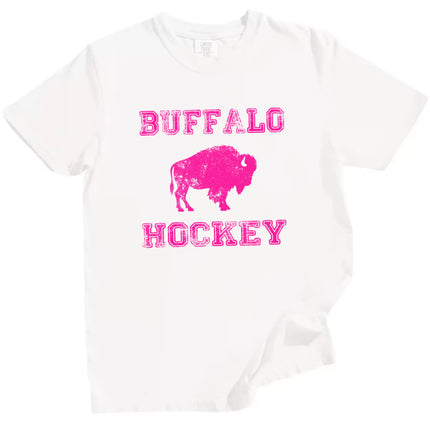 Women’s Buffalo hockey shirt in white, hot pink Buffalo Hockey lettering with buffalo silhouette design, sporty casual fan tee.
