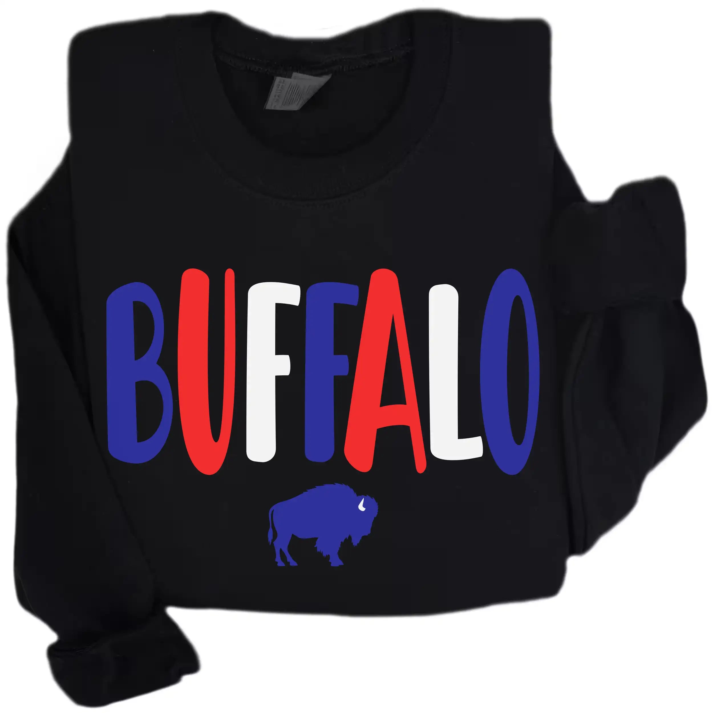 Black Buffalo hometown sweatshirt with playful tri-color red white and blue lettering and a small buffalo graphic, stylish everyday Buffalo NY apparel.