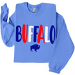 Blue Buffalo hometown sweatshirt showcasing cute tri-color red white and blue lettering with a small buffalo underneath, comfortable apparel inspired by Buffalo NY.
