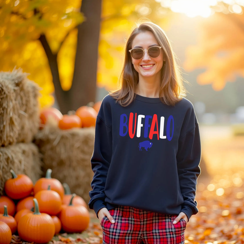 Woman wearing a navy Buffalo NY sweatshirt with cute red white and blue hometown lettering and a small buffalo silhouette, enjoying crisp fall weather in cozy Buffalo style.