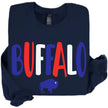 Navy Buffalo NY sweatshirt featuring cute red white and blue hometown lettering with a small buffalo silhouette underneath, cozy apparel for showing Buffalo pride.