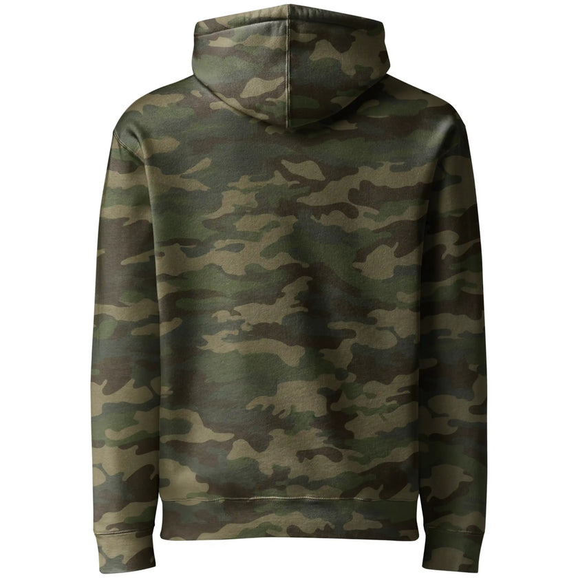 Back view of green camouflage heavyweight women’s hoodie with classic camo pattern, cozy Buffalo-themed outerwear with relaxed fit.