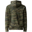 Back view of green camouflage heavyweight women’s hoodie with classic camo pattern, cozy Buffalo-themed outerwear with relaxed fit.