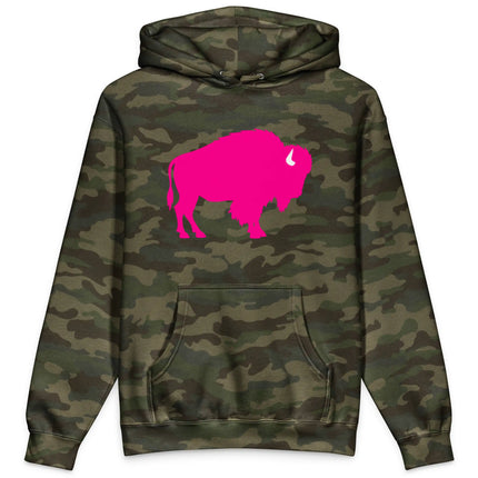 Front view of women’s green camouflage heavyweight hoodie featuring a large bold hot pink buffalo silhouette graphic, Buffalo pride apparel for game day and hometown style.
