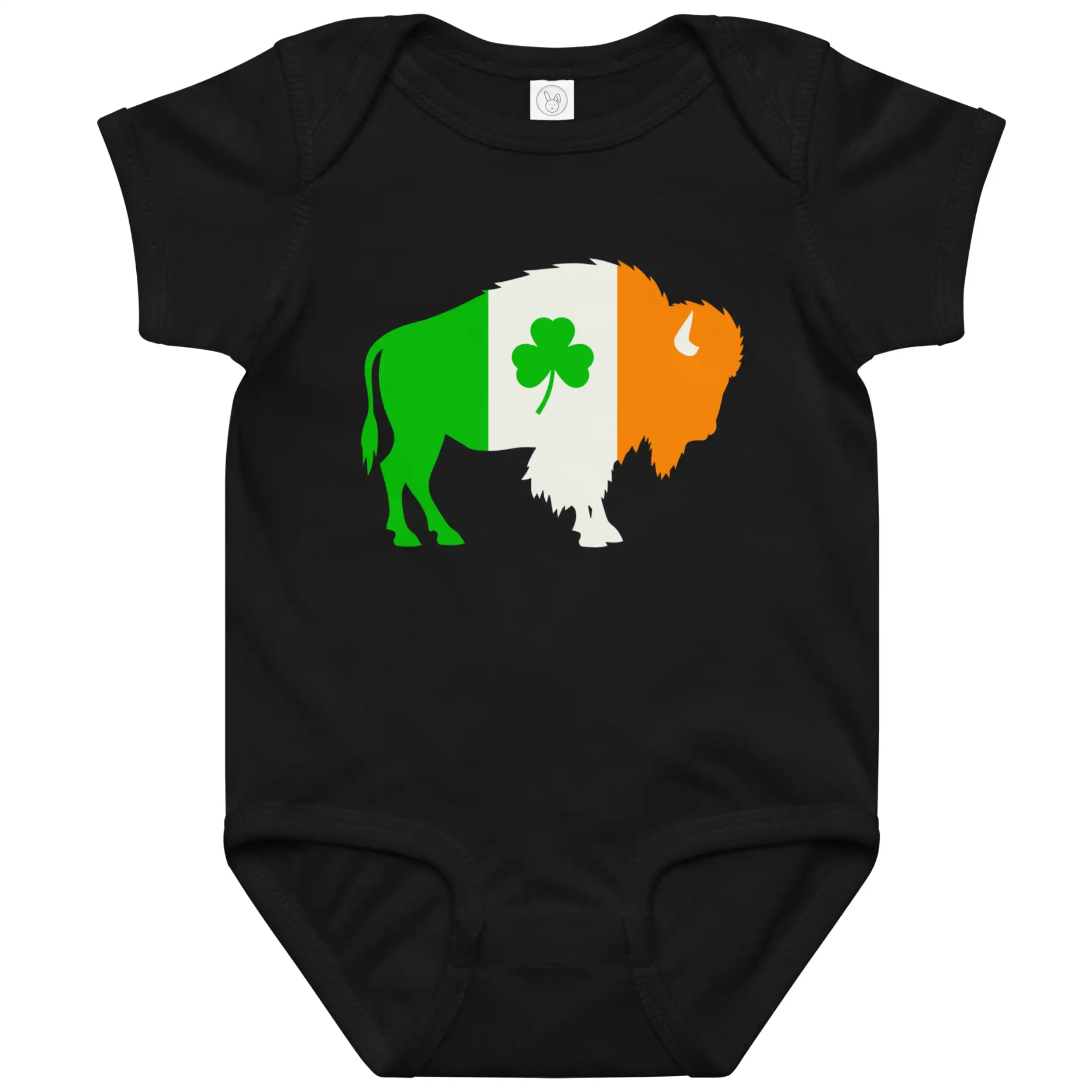 Black Buffalo Irish baby bodysuit featuring buffalo silhouette filled with orange white and green Irish flag colors and shamrock design, Irish heritage Buffalo baby apparel.