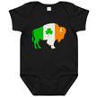 Black Buffalo Irish baby bodysuit featuring buffalo silhouette filled with orange white and green Irish flag colors and shamrock design, Irish heritage Buffalo baby apparel.