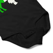 Close-up of black Buffalo Irish baby bodysuit snap closure detail for easy diaper changes and soft cotton baby clothing design.