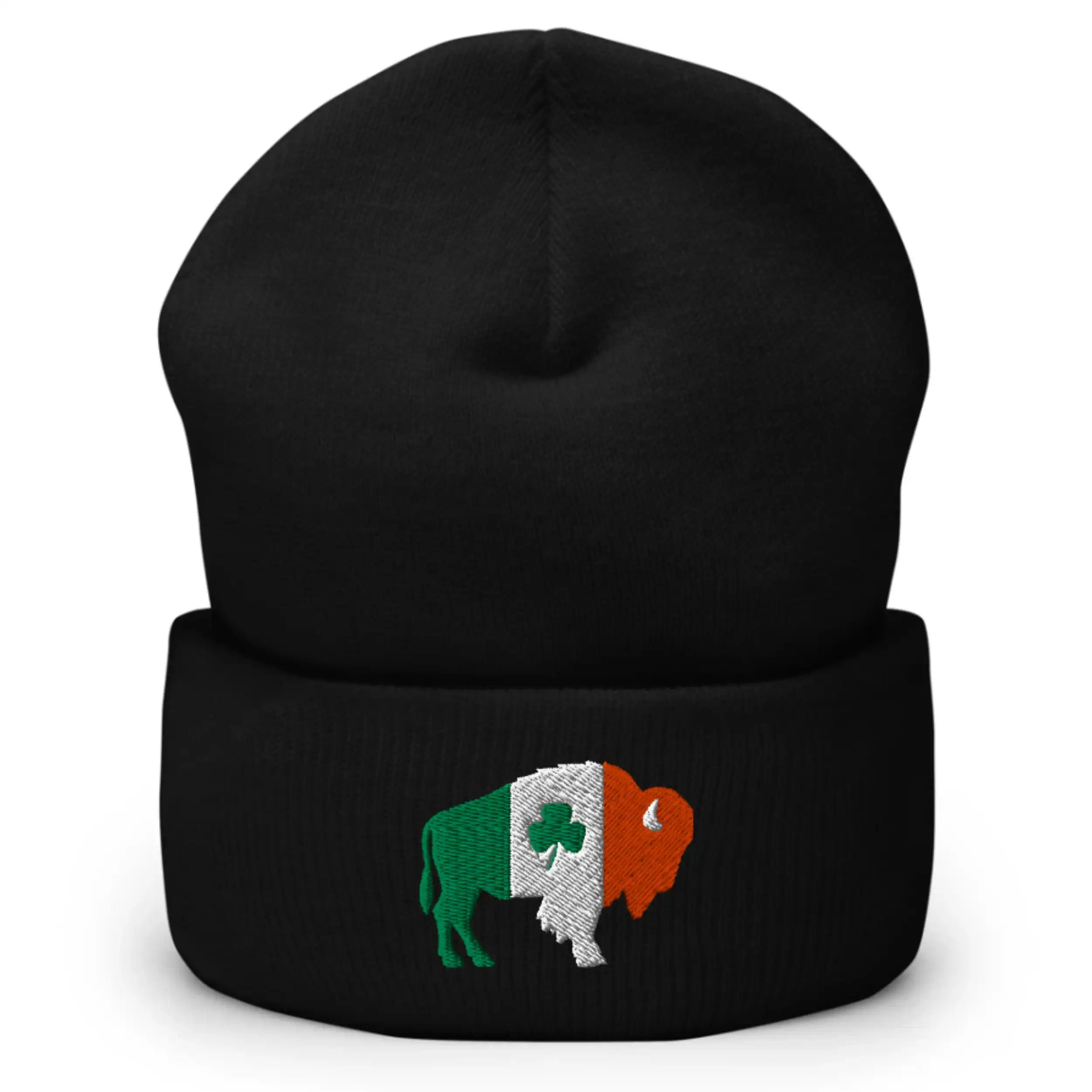 Black winter beanie featuring embroidered Buffalo mascot design in Irish flag colors with shamrock detail, Buffalo Irish Pride cold-weather hat.