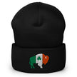 Black winter beanie featuring embroidered Buffalo mascot design in Irish flag colors with shamrock detail, Buffalo Irish Pride cold-weather hat.
