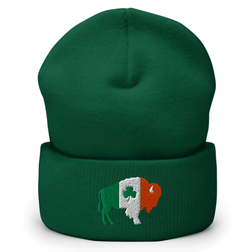 Green winter beanie featuring embroidered Buffalo mascot design in Irish flag colors with shamrock detail, warm Buffalo Irish Pride hat.