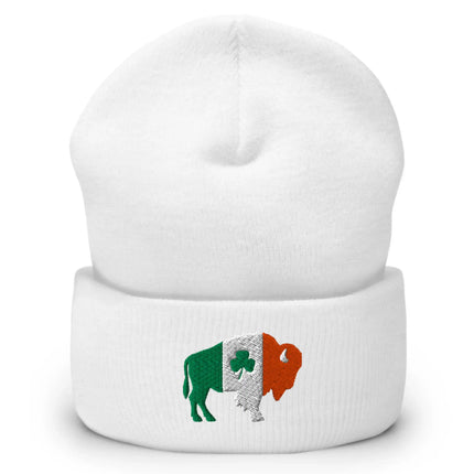 White knit beanie with embroidered Buffalo mascot in orange white and green Irish flag colors and shamrock detail, St. Patrick’s Day winter hat.