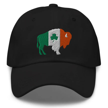 Black dad hat featuring Buffalo silhouette embroidery in orange white and green with shamrock detail, Buffalo Irish pride St. Patrick’s Day inspired cap.