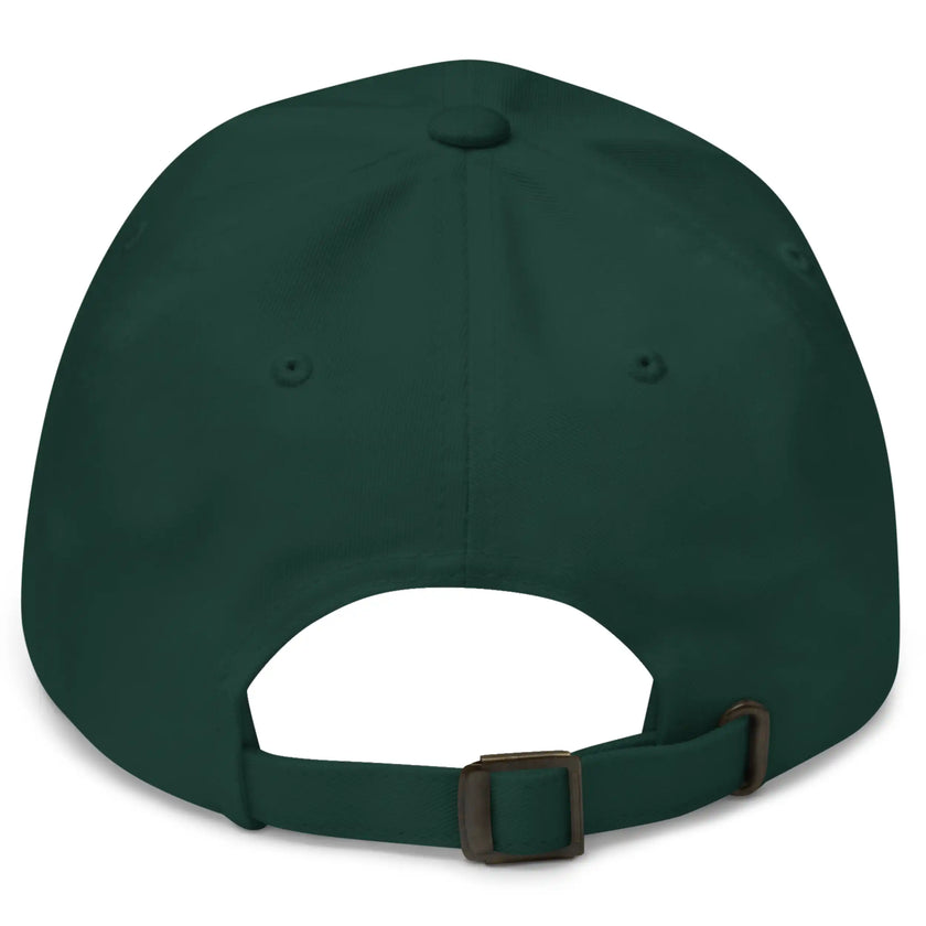 Green dad hat back view showing adjustable strap and clean Buffalo Irish Pride embroidered cap design.