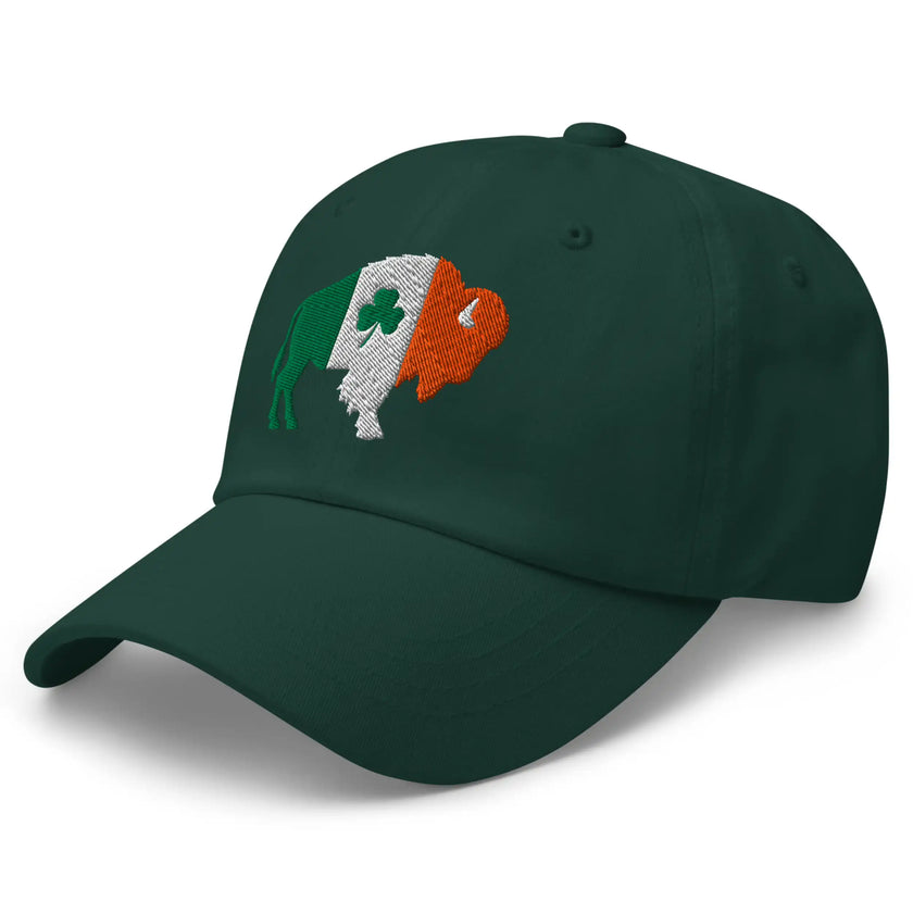Green dad hat left front angle featuring Buffalo silhouette embroidery with orange white and green shamrock detail.