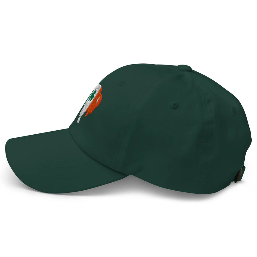 Green dad hat left side view featuring embroidered Buffalo silhouette in orange white and green with shamrock detail.
