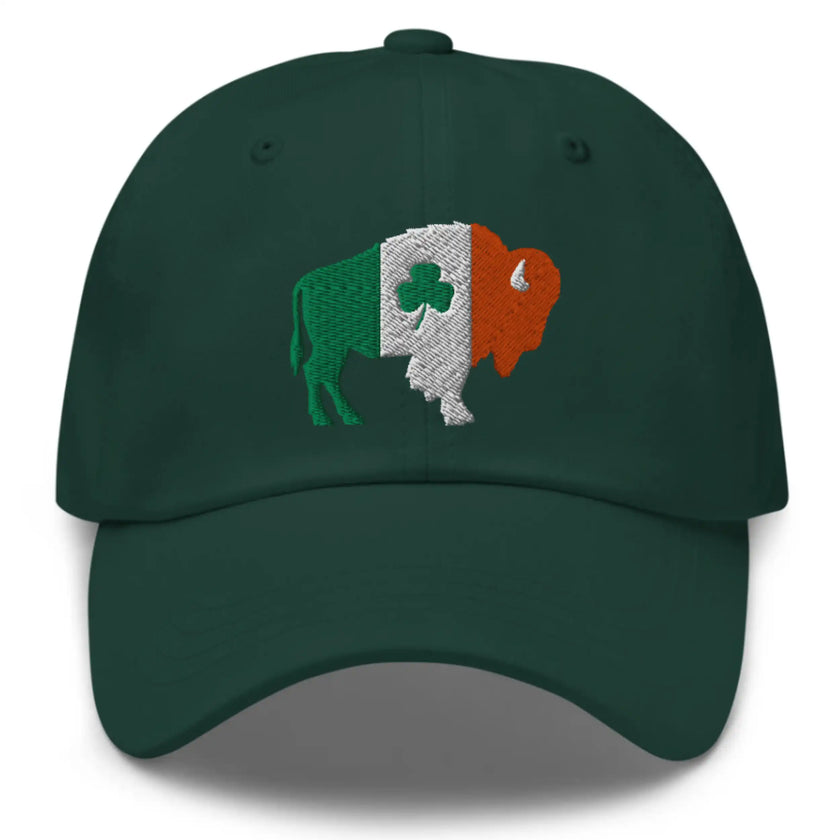 Green dad hat featuring embroidered Buffalo silhouette in orange white and green with shamrock detail, Buffalo Irish pride St. Patrick’s Day cap