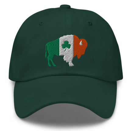 Green dad hat featuring embroidered Buffalo silhouette in orange white and green with shamrock detail, Buffalo Irish pride St. Patrick’s Day cap