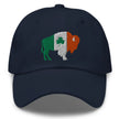Navy dad hat with embroidered Buffalo silhouette in orange white and green with shamrock detail, Buffalo Irish pride city hat design.