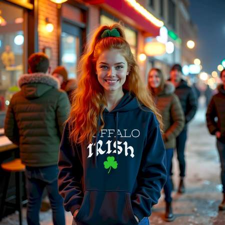 Young red-haired woman wearing navy Buffalo Irish shamrock hoodie outside Irish pub at night, Buffalo St. Patrick’s Day apparel with Irish pride graphic design.