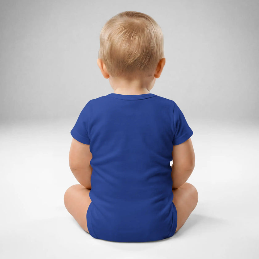 Back view of baby wearing blue Buffalo Mafia bodysuit with snap closure and soft cotton fit, Buffalo football themed baby apparel.