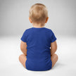 Back view of baby wearing blue Buffalo Mafia bodysuit with snap closure and soft cotton fit, Buffalo football themed baby apparel.