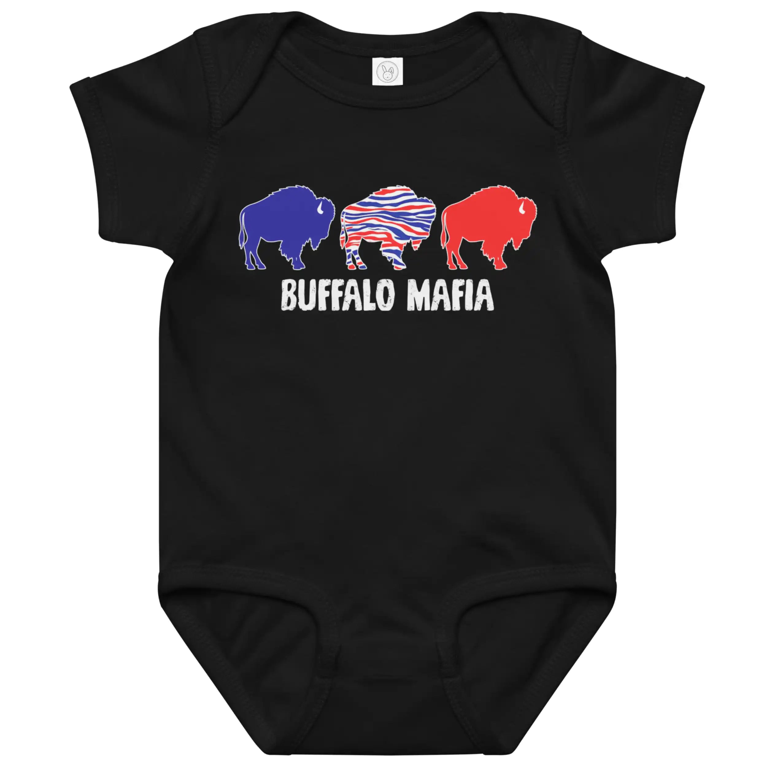 Black Buffalo Mafia baby bodysuit featuring three buffalo silhouettes in red, blue, and buffalo stripe colors with ‘Buffalo Mafia’ lettering underneath, Buffalo football baby outfit.