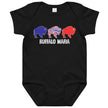 Black Buffalo Mafia baby bodysuit featuring three buffalo silhouettes in red, blue, and buffalo stripe colors with ‘Buffalo Mafia’ lettering underneath, Buffalo football baby outfit.