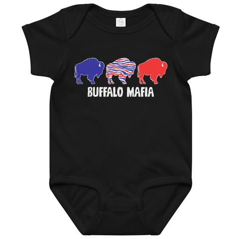 Black Buffalo Mafia baby bodysuit featuring three buffalo silhouettes in red, blue, and buffalo stripe colors with ‘Buffalo Mafia’ lettering underneath, Buffalo football baby outfit.