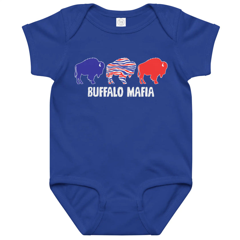 Blue Buffalo Mafia baby bodysuit featuring three buffalo silhouettes in red, blue, and buffalo stripe colors with ‘Buffalo Mafia’ text underneath, Buffalo football baby outfit.