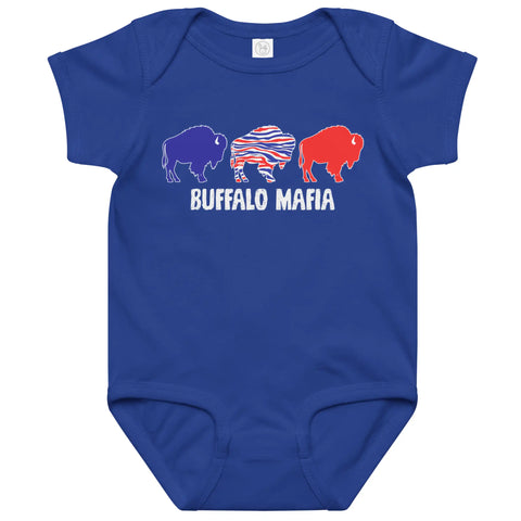 Blue Buffalo Mafia baby bodysuit featuring three buffalo silhouettes in red, blue, and buffalo stripe colors with ‘Buffalo Mafia’ text underneath, Buffalo football baby outfit.