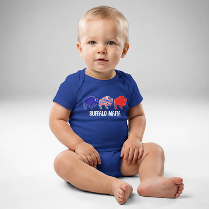 Baby wearing blue Buffalo Mafia bodysuit featuring three buffalo silhouettes in red, blue, and buffalo stripe colors with ‘Buffalo Mafia’ text underneath, front view baby outfit.