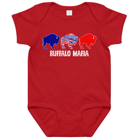 Red Buffalo Mafia baby bodysuit featuring three buffalo silhouettes in red, blue, and buffalo stripe colors with ‘Buffalo Mafia’ text underneath, cute Buffalo football baby apparel.