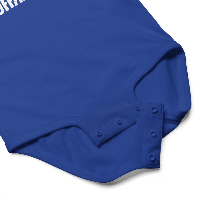 Close-up of blue Buffalo Mafia football baby bodysuit snap closure detail for easy diaper access and soft cotton baby apparel design.