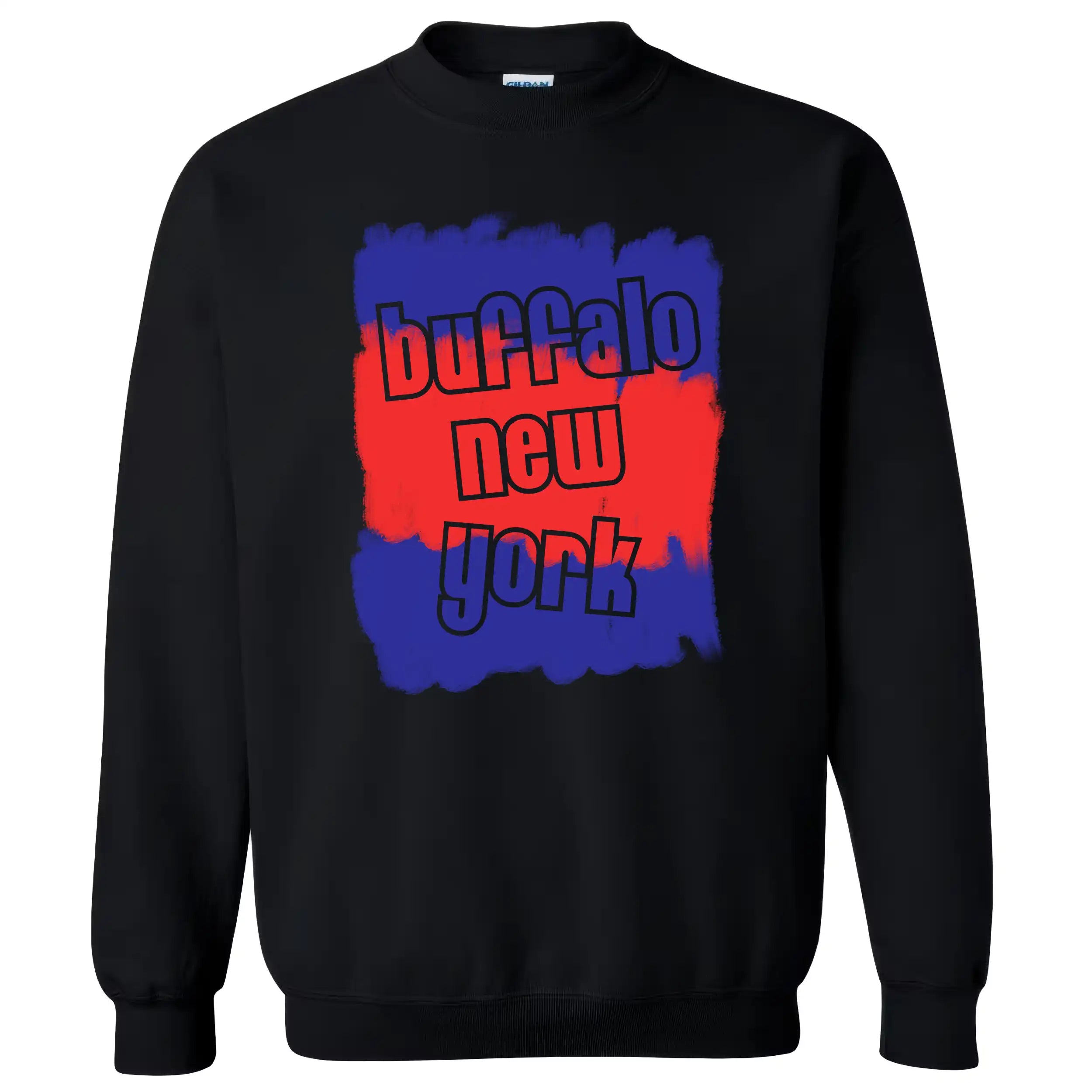 Black Buffalo New York sweatshirt with eye-catching red and blue brush stroke artwork and clean cutout lettering, bold casual style inspired by Buffalo NY.