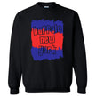 Black Buffalo New York sweatshirt with eye-catching red and blue brush stroke artwork and clean cutout lettering, bold casual style inspired by Buffalo NY.