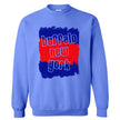 Blue Buffalo NY sweatshirt featuring artistic red and blue paint swipes with contemporary cutout Buffalo New York text, comfortable everyday hometown apparel.