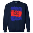 Navy Buffalo New York sweatshirt showcasing vibrant red and blue brush stroke graphics with bold cutout lettering, modern Buffalo hometown fashion.