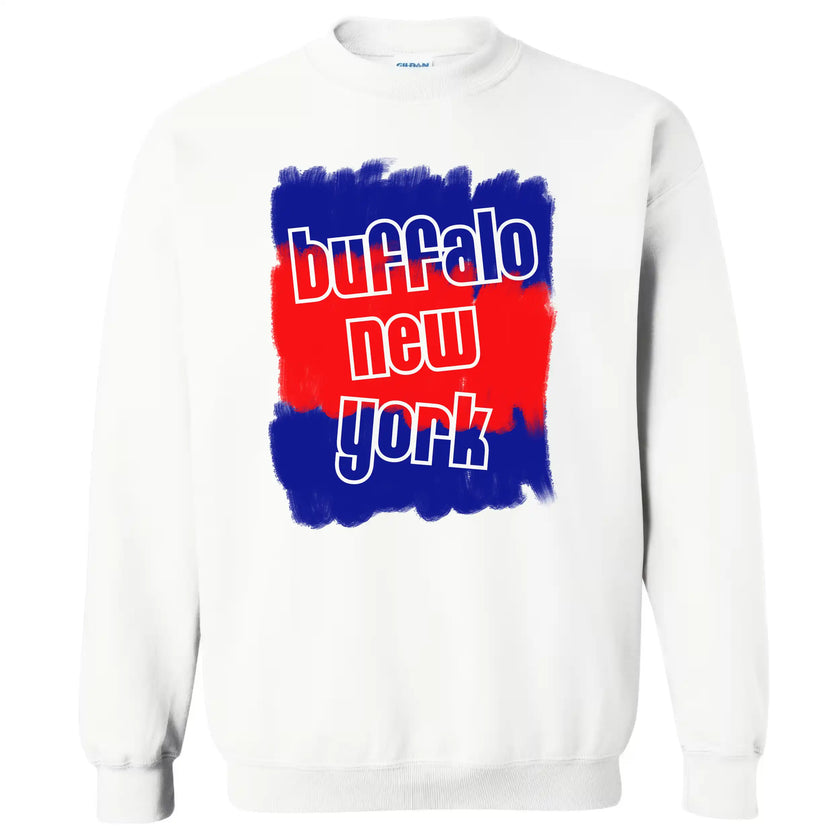 White Buffalo New York sweatshirt featuring bold red and blue paint brush strokes with modern cutout Buffalo New York lettering, stylish hometown pride apparel.