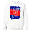 White Buffalo New York sweatshirt featuring bold red and blue paint brush strokes with modern cutout Buffalo New York lettering, stylish hometown pride apparel.