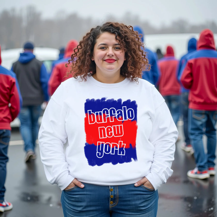 Woman wearing a white Buffalo New York sweatshirt featuring red and blue paint brush strokes with stylish cutout Buffalo New York lettering, celebrating hometown pride with modern casual style.