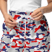 Close-up of Nickel City Buffalo joggers pants highlighting the detailed red blue and grey camouflage print and premium casual style.