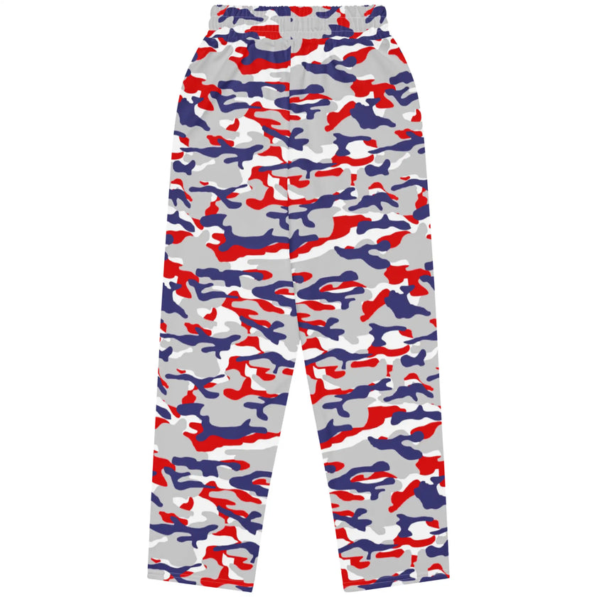 Nickel City Buffalo camo jogger sweatpants from the back, showcasing the relaxed fit and original red blue and grey camouflage design.